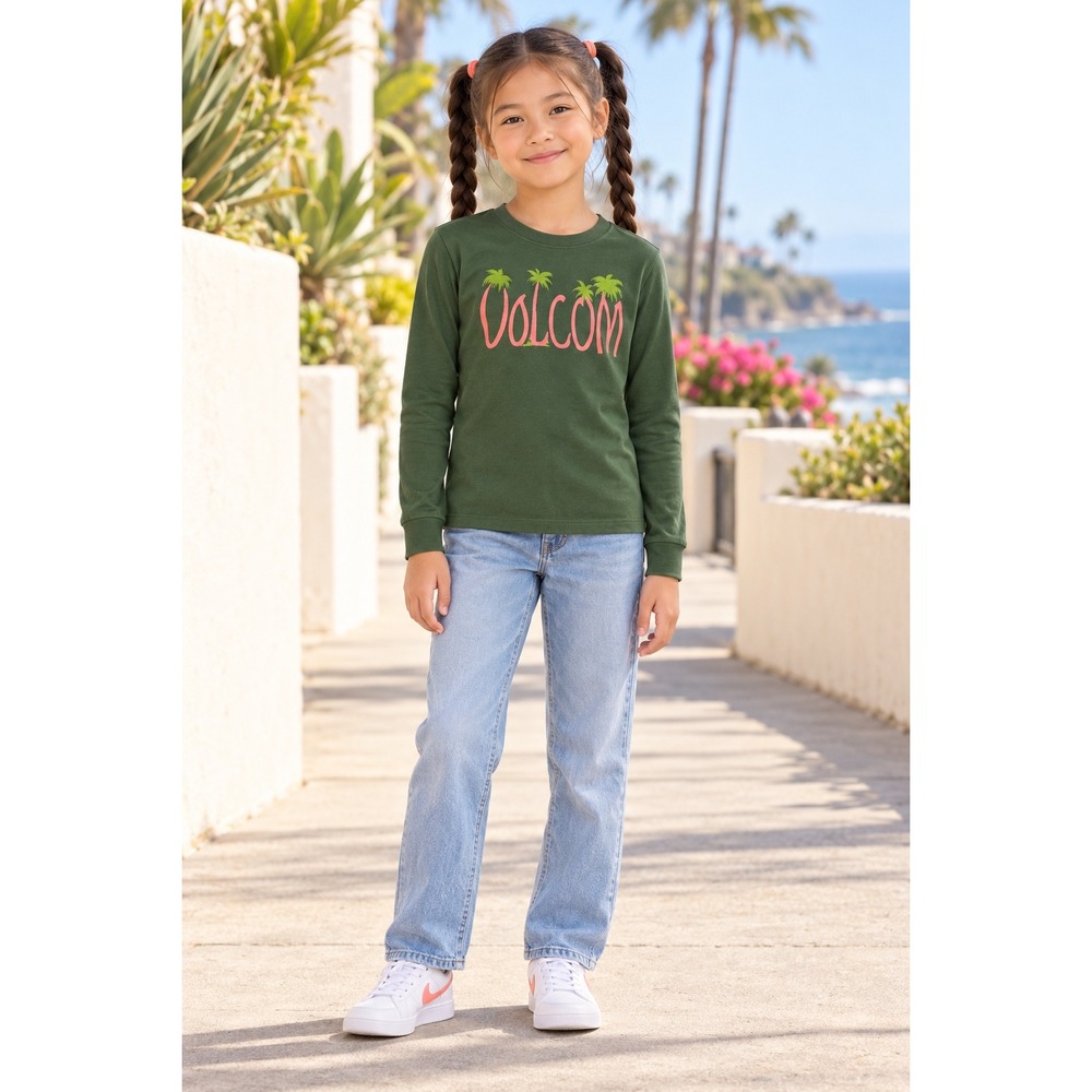 Volcom Girls Small 7/8 Green Long Sleeve Shirt Palm Tree Logo NWT Casual